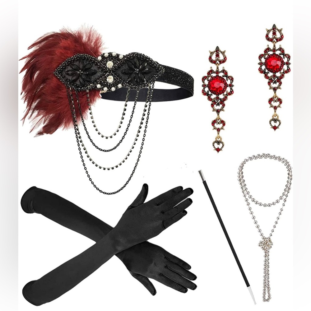 NEW IN BAG 1920s Great Gatsby Accessories Set for Women Maroon and Black